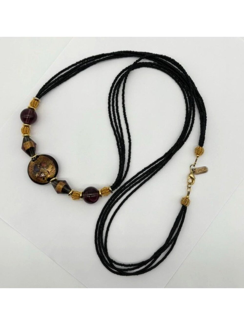 Vintage Hilary London Long Seed Bead Necklace W/ Offset Murano Glass Focal Beads